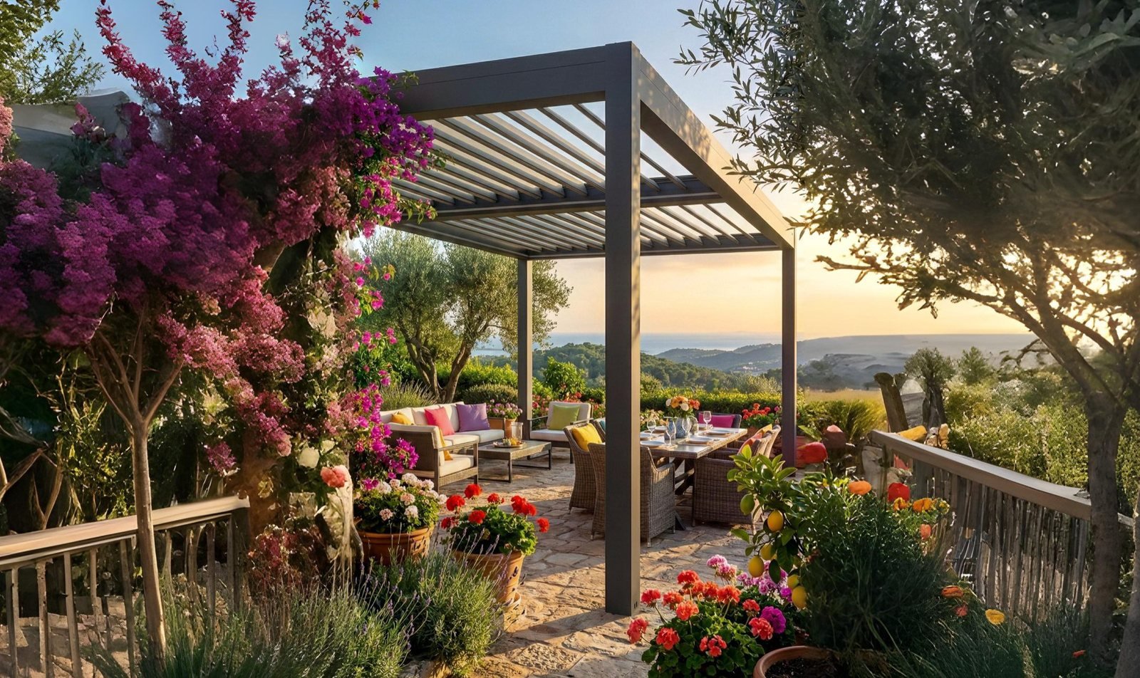 Begonviller arasında G-Climatic pergola, deniz manzaralı teras