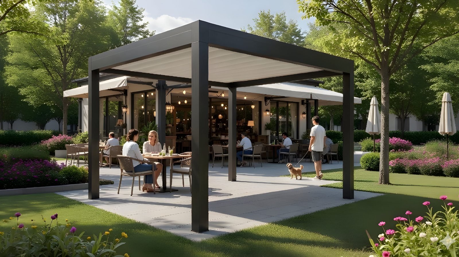 Kafe bahçesinde G-Climatic gölgelendirme sistemi