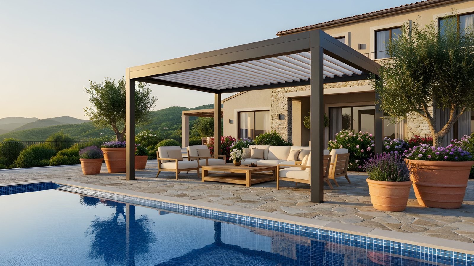 Havuz başında G-Climatic uygulaması, villa terası