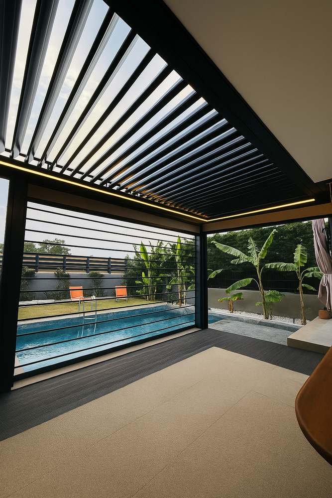 Dunkle bioklimatische Pergola am Pool